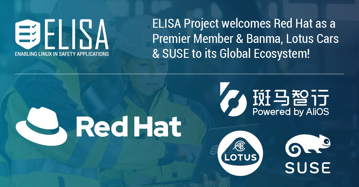 ProjectElisa's tweet photo. Please join us in welcoming @RedHat, Banma, @lotuscars &amp; @SUSE to our global #opensource ecosystem! Learn more about their commitment, the new #ELISAProject Working Groups &amp; the #ELISAWorkshop on Nov. 8-10: https://t.co/1M8JAfYkV2 @projectELISA @linuxfoundation #linux https://t.co/1INL1kgVS6