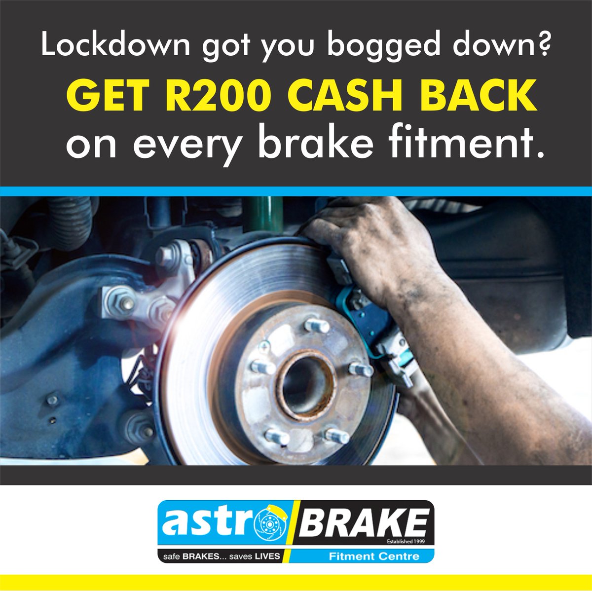 Are you still not sure what’s going on with your brakes? Come to get them checked/repaired at Astro Brake. Plus get R200 cash back on the brake fitment

Book your appointment
087 5371647
astrobrake.co.za
628 Frank Road, near East Rand Mall, Boksburg

#SafeBrakesSavesLives
