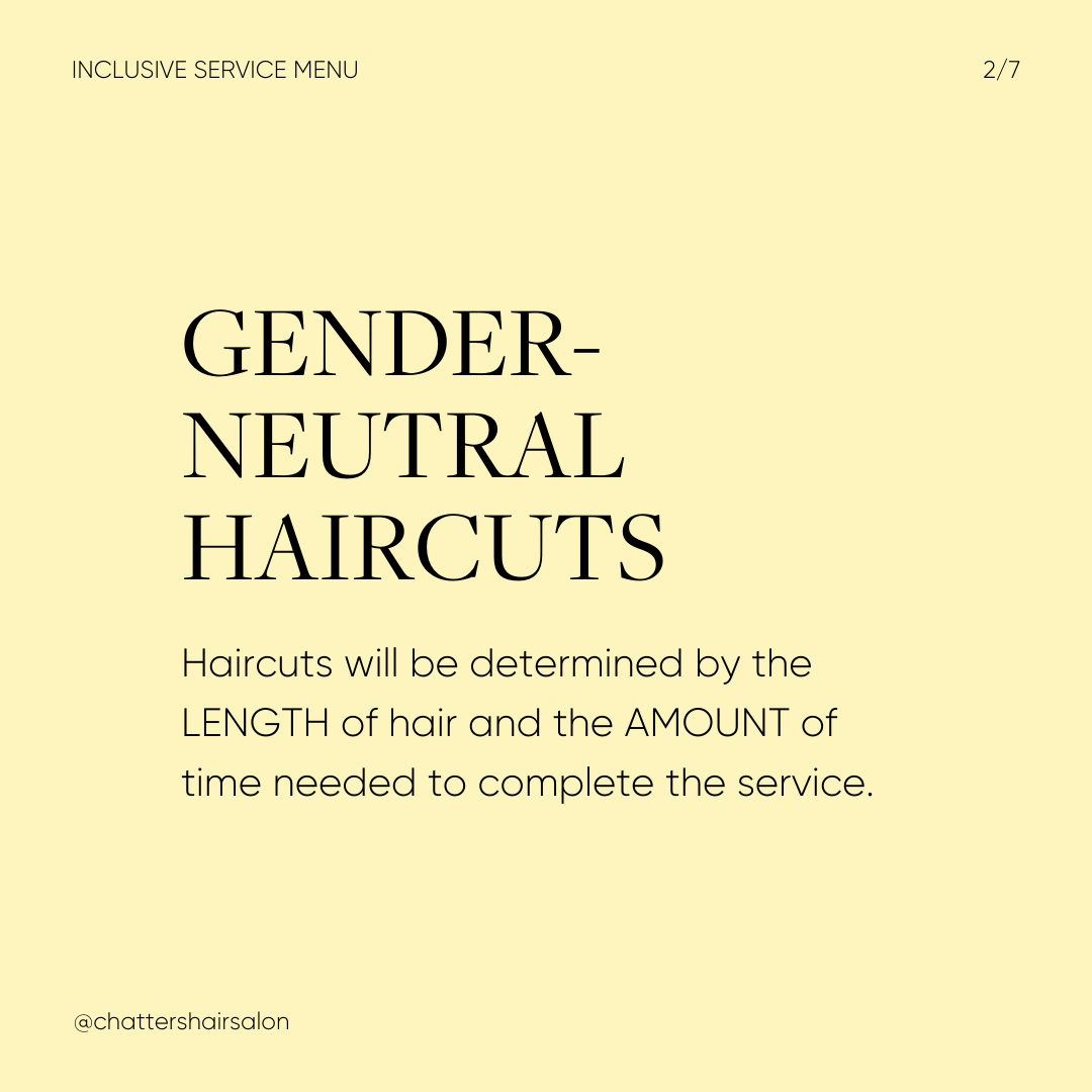 ChattersHair's tweet photo. Hair is genderless, and so is our NEW inclusive service menu in partnership with @thedresscodeproject. Swipe left to learn more! 🌈
Have questions about the new structure and how to book? Drop it in the comments below ⤵️
#chatters #stylehappy #chattershairsalon https://t.co/IAYMhFhskT