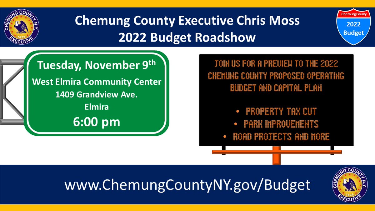ChemungCounty's tweet photo. Join us in the coming weeks as we take the 2022 Chemung County proposed operating budget and capital plan on the road. Location, dates and times are listed below. https://t.co/ibxrHJeuNo