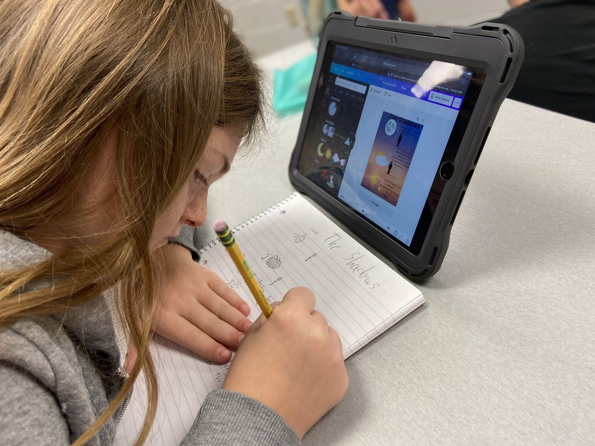 SchlieReed's tweet photo. @ElmwoodSDNB 5th graders work on earning their graphic visionary maker learning badge creating infographics  with Mr. Slonac, sharing their work with Principal Veal @SDNBSchools #SDNBLearns @Haebig https://t.co/R5x2chEfGm