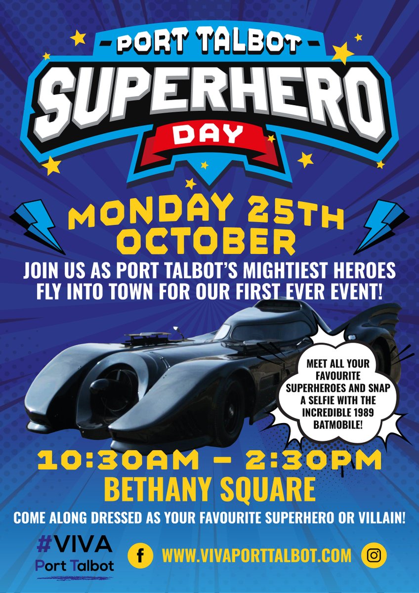 VivaPortTalbot's tweet photo. Don’t forget! It’s Port Talbot Superhero Day this Monday 25th October!
Join us as Batman brings his Batmobile to town with a whole bunch of his superhero friends! On from 10:30am til 2:30pm in Bethany Square 🦸 https://t.co/BMhqJ5noUd
