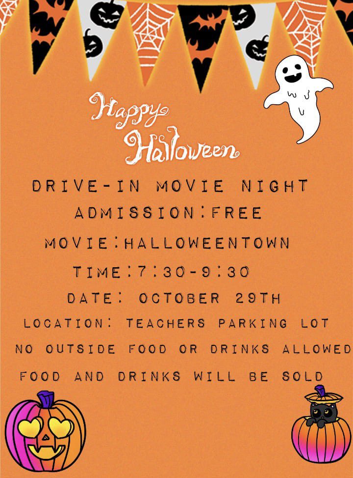 We will be having our first Halloween drive-in movie fundraiser!! Please read below for more information, we hope to see you there!!