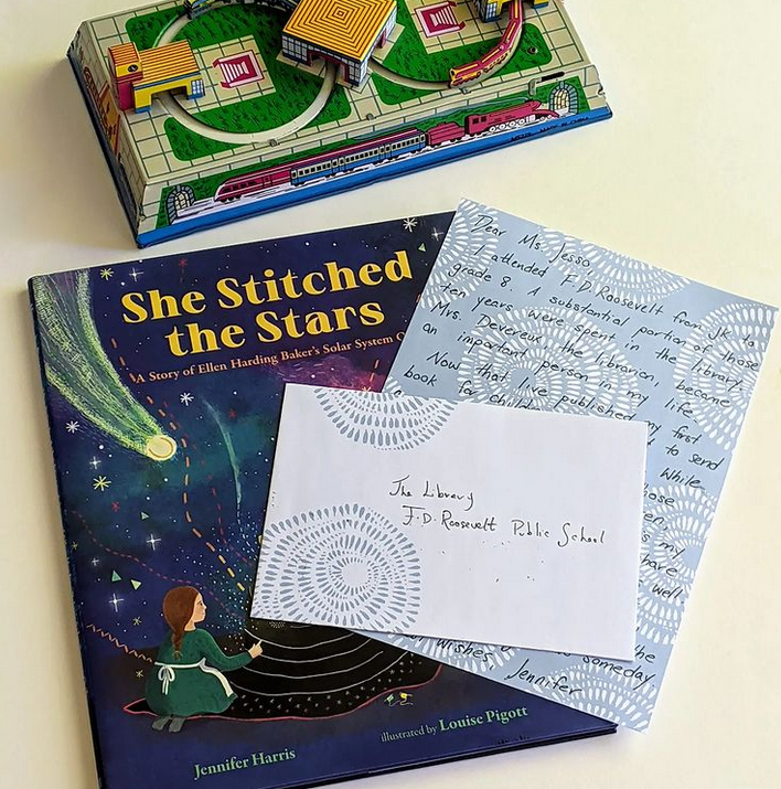 mypbjam's tweet photo. Mailing a copy of She Stitched the Stars to my public school library. I spent so many hours there: unlimited books and warm in winter. Wind chill: the best way to get children to join school clubs. @FDRooseveltPS @TVDSB #awfallbooks https://t.co/Ug5TfroNtZ