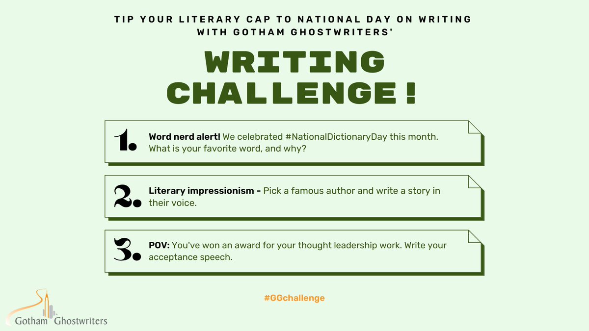 BookMachine's tweet photo. 📚The wonderful @GothamGhosts are celebrating #NationalDayOnWriting in the US today with a fun writing challenge. 

To get involved, pick a prompt and then follow the steps. #GGchallenge https://t.co/WuT491kdsn