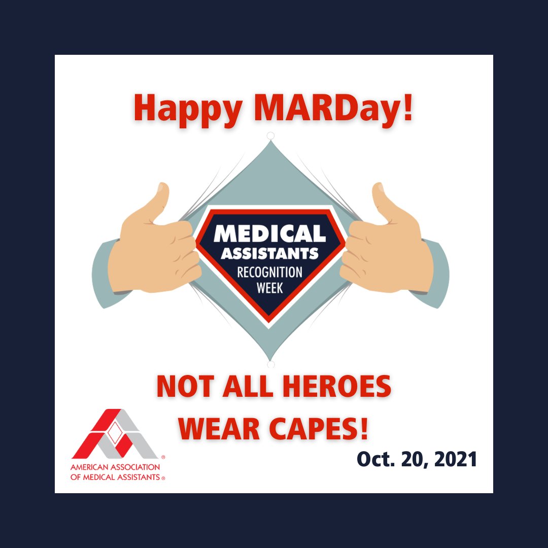 AAMAOfficial's tweet photo. Happy MARDay! Today and every day, we are grateful for all the fantastic work performed by our heroic medical assistants. Please join us today in thanking our heroic medical assistants for all they do today and every day.

#MARDay #MARWeek2021 #MARWeek #TheAAMA #CMAAAMA https://t.co/dzzlts5h20