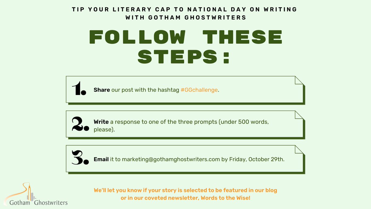 BookMachine's tweet photo. 📚The wonderful @GothamGhosts are celebrating #NationalDayOnWriting in the US today with a fun writing challenge. 

To get involved, pick a prompt and then follow the steps. #GGchallenge https://t.co/WuT491kdsn