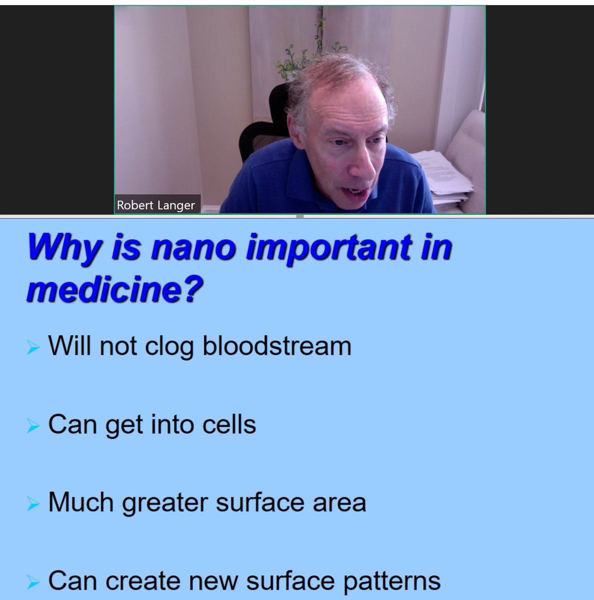 CNanolab's tweet photo. What a week 😀... now Robert Langer from @MIT talking about the importance of #nanotechnology in #medicine at the webinar 15 years of Nature Nanotechnology @NatureNano https://t.co/qPjZ364Dwp