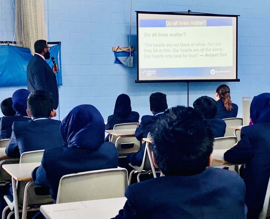 geography_tcs's tweet photo. A message from Mr Deria today in our Year 7 Assembly; “Our hearts are not black or white...Our hearts are all the same...” -Avijeet Das #BlackHistoryMonth   @CumberlandE13 https://t.co/dGsuUU0Drk