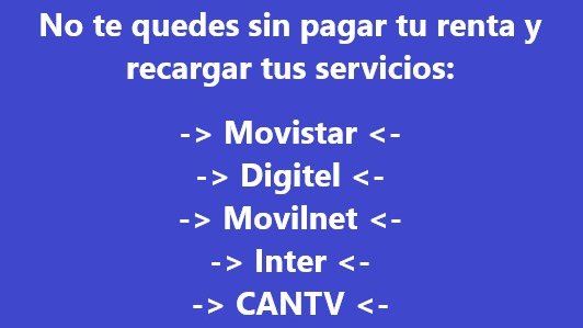 HazTuRecarga's tweet photo. SÍ HAY RECARGA CANTV, MOVISTAR, DIGITEL, MOVILNET, INTER, SIMPLE TV y Netflix.

Escribiéndonos por esta vía o a través de nuestras redes:
SMS y WhatsApp: 04123442384
Facebook: https://t.co/ZnJbF1f3cV 

#20O #Octubre #Venezuela #Venezolanos #CANTVSatelital  #SimpleTV #Recarga https://t.co/8HbY0D4swB