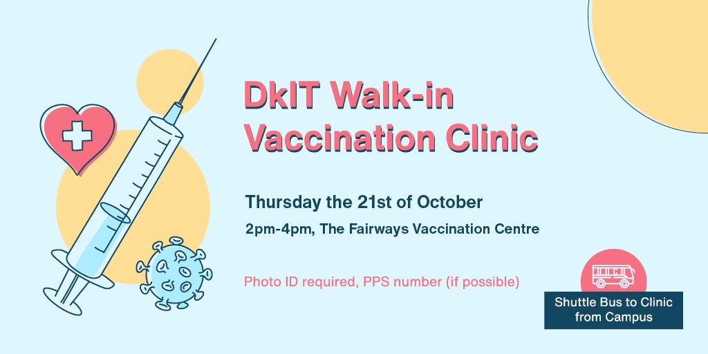 DkIT_ie's tweet image. There's no need to register for the walk-in vaccination clinic at Fairways Vaccination Centre this Thursday. Just remember to bring photo ID. The clinic will be open from 2-4pm.

#ForUsAll #dundalk #vaccine #vaccines #vaccinationdone  #vaccination #immunisation #Ireland #hse