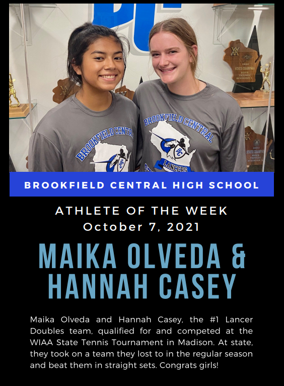 Congrats to our <a href="/BC_Blue_Crew/">Brookfield Central Blue Crew</a> October 7th athletes of the week, Maika Olveda, Hannah Casey, and Bella Schultz! #WeRLancers
