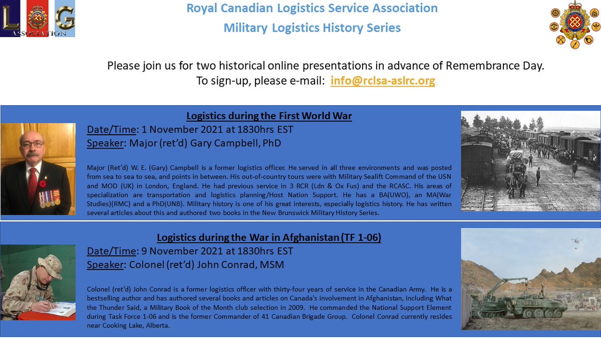 RCLSAssoc's tweet photo. Please join the @RCLSAssoc for two historical talks on Canadian military logistics.Gary Campbell will speak about the #FWW (1 Nov) and @johndconrad2 will speak about Afghanistan (9 Nov). Please e-mail or DM to sign-up. @CanadianArmy @5CdnDiv_5DivCA @3CdnDiv3DivCA @4CdnDiv4DivCA https://t.co/1vS0kX0jGu