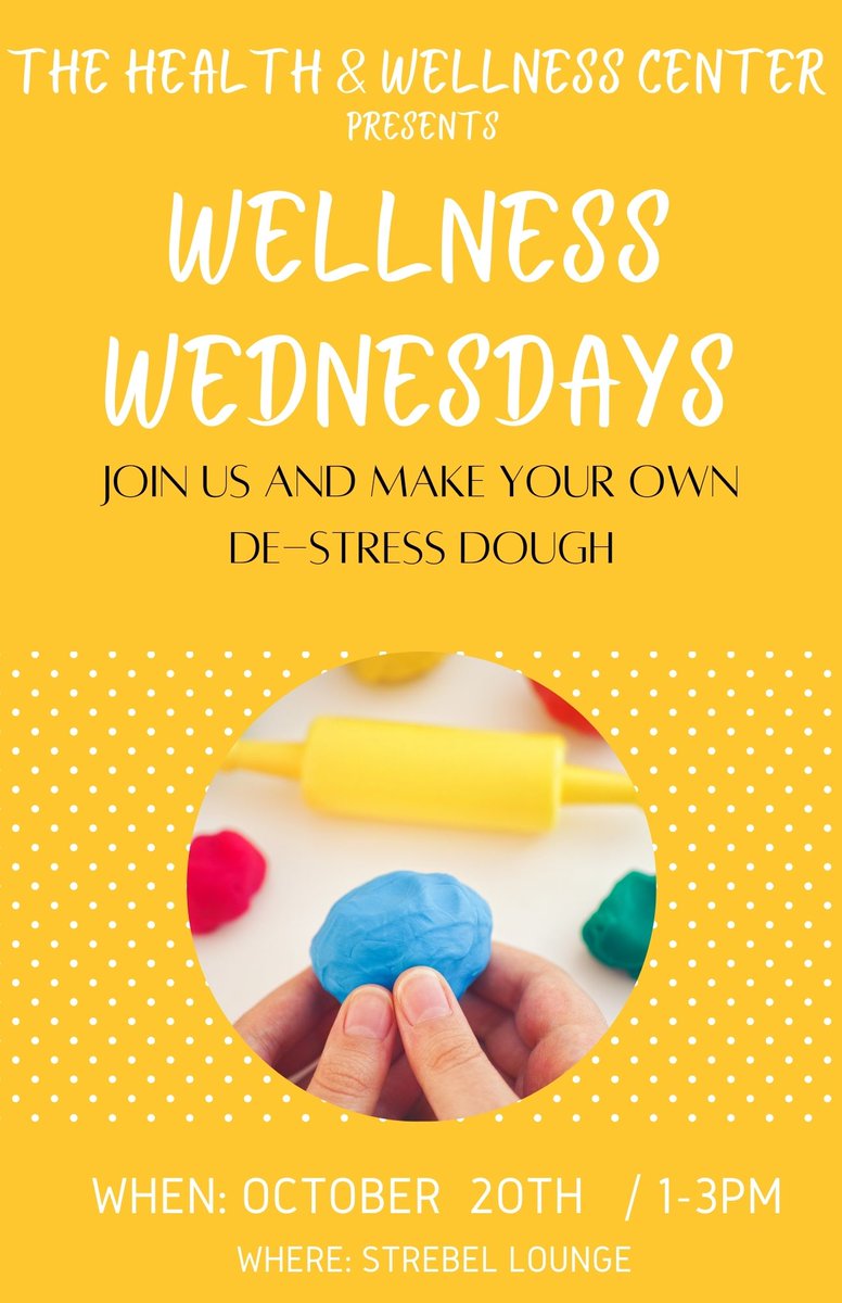 UticaCollegeHWC's tweet photo. Happy #humpday! #Wellnesswednesday is in full effect! Come by Strebel lounge today 1-3 PM to create your own de-stress dough. See you there! https://t.co/vKY96blGMW