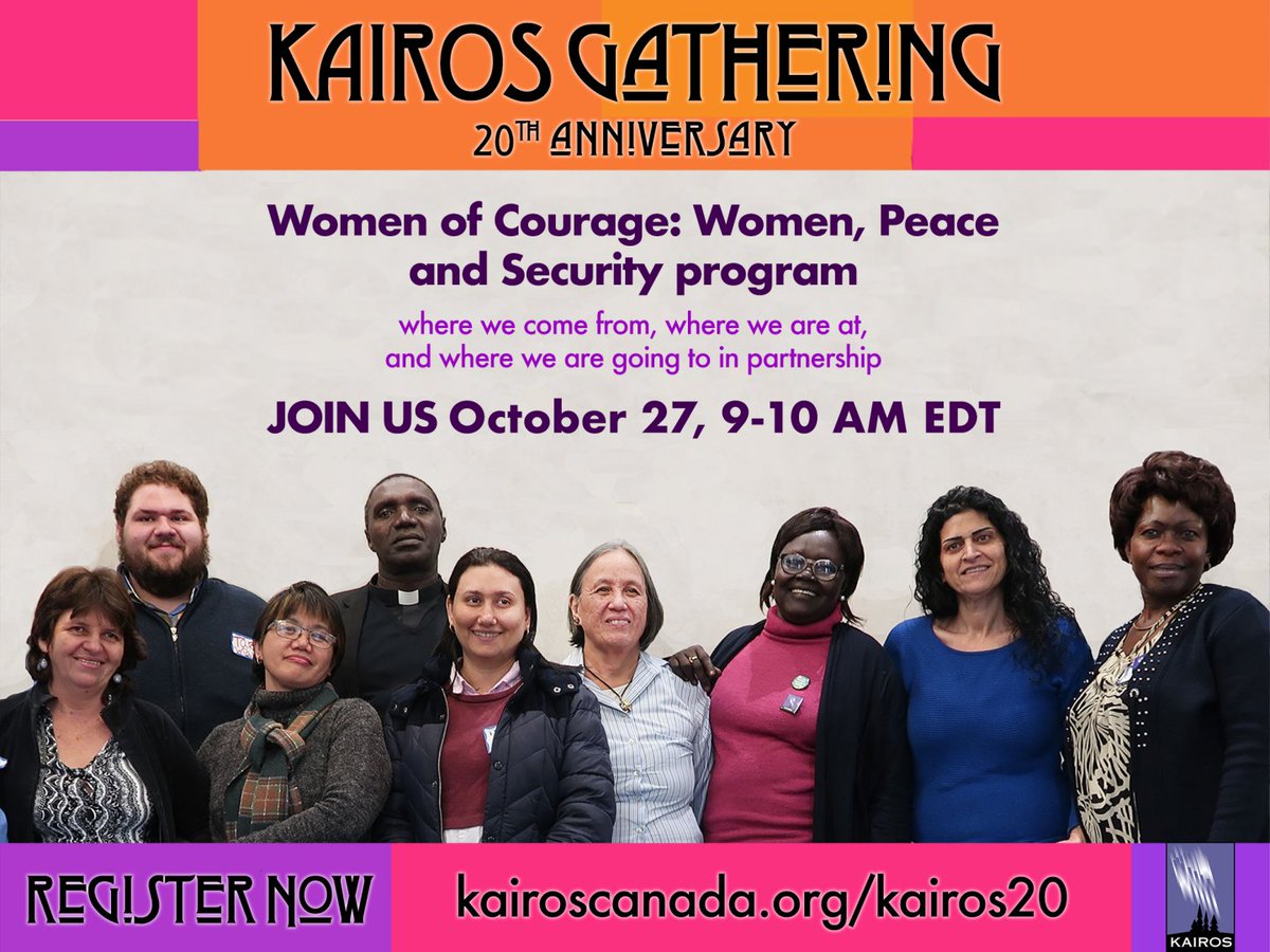 kairoscanada's tweet photo. Gender justice is a critical overarching goal in all KAIROS’ work. Women are key catalysts for change when they exercise leadership in human rights and peace building. Join staff & partners on Oct27 as part of #KAIROS20 - 20 yrs of social justice in action... https://t.co/Lonqqe2DiW