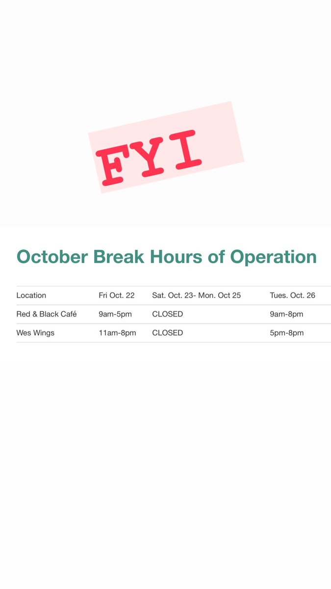 RBCWes's tweet photo. October break hours https://t.co/y8AWRXkKiz
