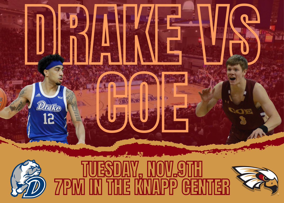 🚨🚨Schedule Announcement!🚨🚨

The Kohawks will head to Des Moines to take on <a href="/DrakeBulldogsMB/">Drake Basketball</a> in their home opener on Tuesday, November 9th! We are excited to play against the top pick in the @ValleyHoops preseason poll!

#GoCoe