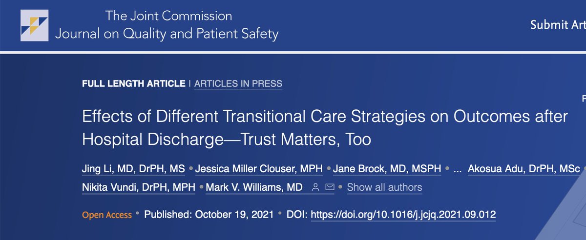 #jointcommissionjournal Effects of Different Transitional Care Strategies on Outcomes after Hospital Discharge: Trust Matters, Too jointcommissionjournal.com/article/S1553-… <a href="/PlumAnalytics/">Plum Analytics</a> #meded @markvw13 #transitionalcare #hospitaldischarge #trustmatters