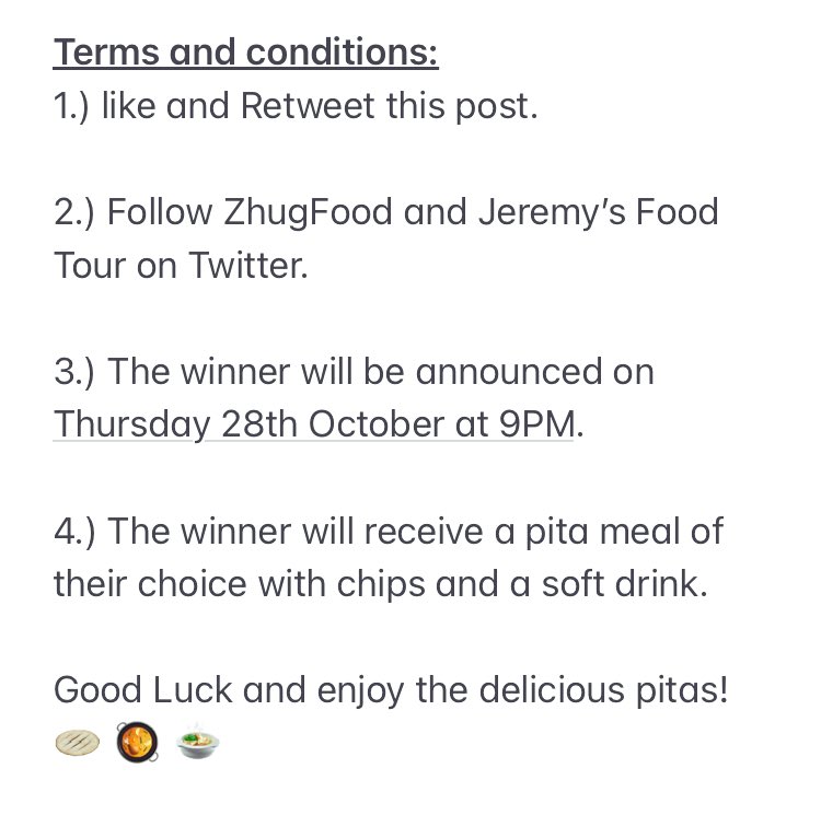 JeremysFoodTour's tweet photo. WIN!! A pita meal with chips and a drink at Zhug, Wollaton, Nottingham! Retweet and follow @ZhugFood and me #JeremysFoodTour to enter! See photo for Terms and Conditions! #Competition #Win #Comp #Prize #Nottingham https://t.co/SburcY2gvB