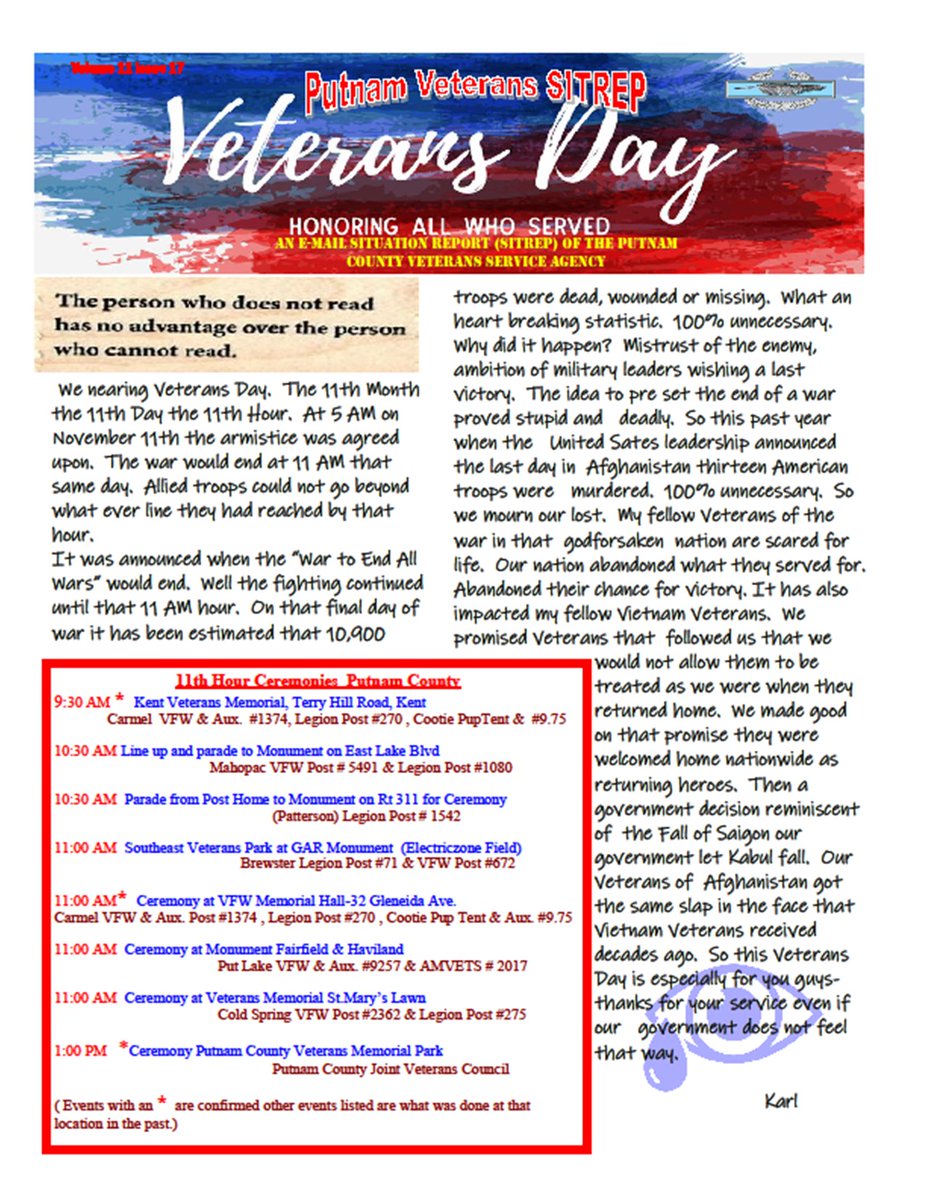 PCNY_VSA's tweet photo. Click here to read the Veterans Day issue of our office newsletter, SITREP, https://t.co/4JuFS7JY6U
In this issue:
*Veterans Day Ceremonies scheduled in Putnam County
*Dwyer Vet2Vet Chow Down Information
*Soldier on a Shelf
*Hudson Valley Regional Virtual Career Fair https://t.co/G5L26wudS3