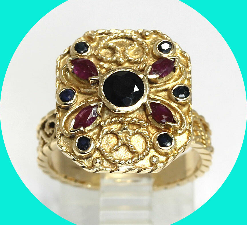 EmpirePawn's tweet image. An amazing fall ring! Vintage Etruscan .90CT sapphire and ruby set in ornate 18K yellow gold. Size 7.25, but we can resize it. #falljewelry #fallring #etruscanring #vintagering #vintagejewelry ebay.com/itm/2342223877…?