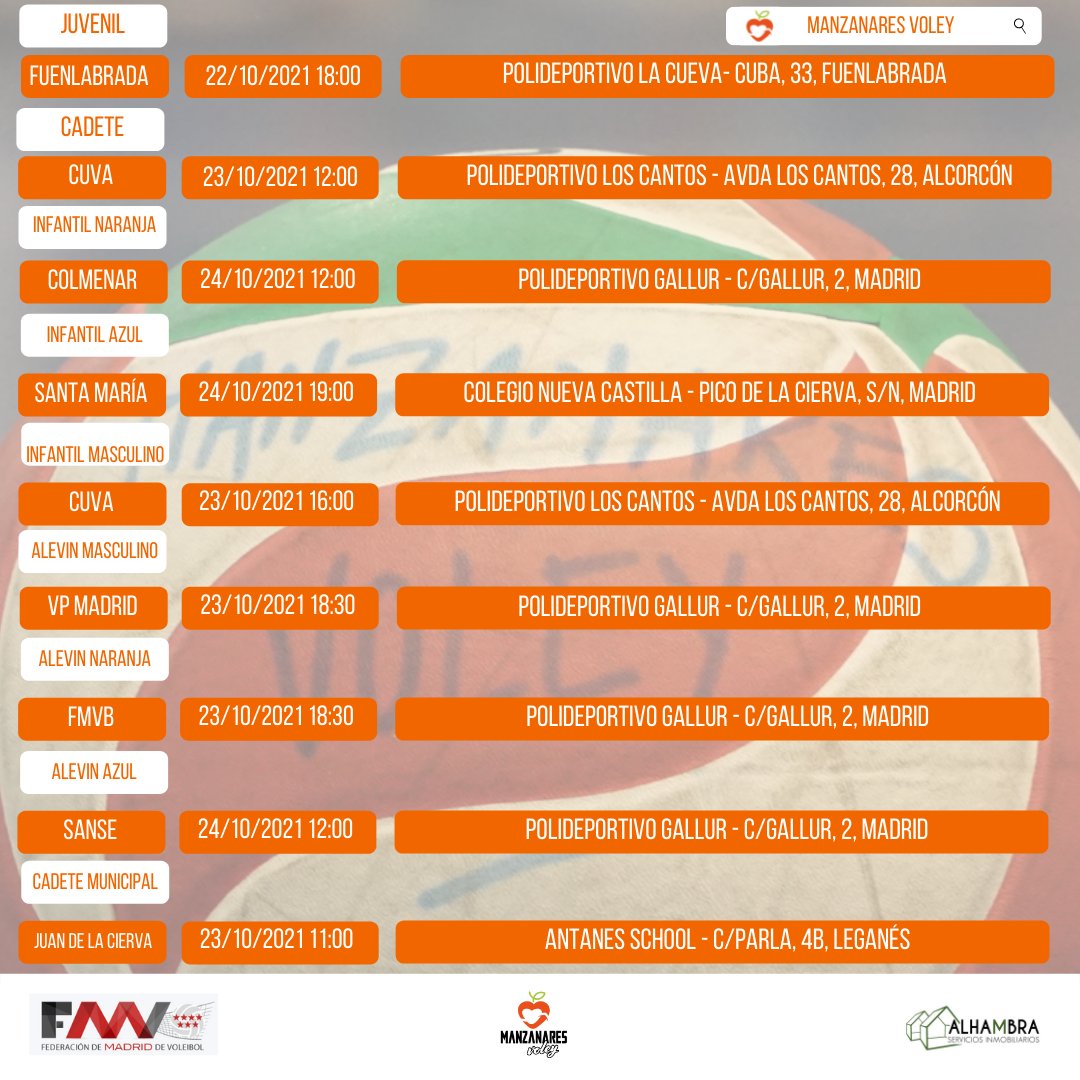 ManzanaresVoley's tweet photo. Partidos fin de semana!!!
@voleysanse
@CVFuenlabrada
@cdevoleibol
@cuvalcorcon
@VoleibolSanta
@vpmadrid
#juandelacierva
@FMadridVB
@ComunidadVoley
#SportWithValues
#DeporteSonValores
#MareaNaranja
#DreamPlayRemember
#noterindas
#noterindasnunca
#nevergiveup https://t.co/NsYT2er59e