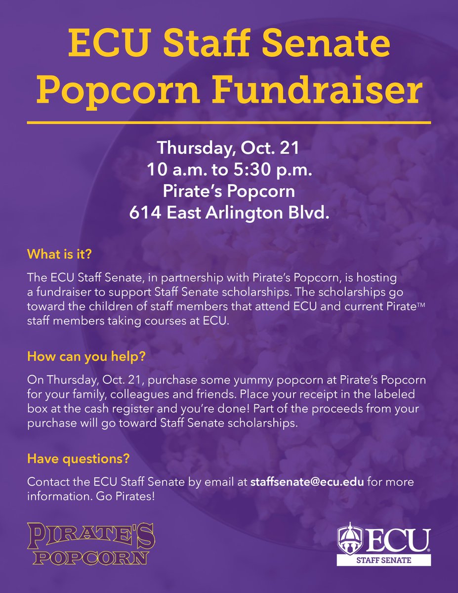 #Pirates, be sure to stop by Pirates Popcorn tomorrow to support ECU's Staff Senate.

Just add your receipt to the labeled box at checkout and a portion of your purchase will go toward Staff Senate scholarships! 🍿

See you there!