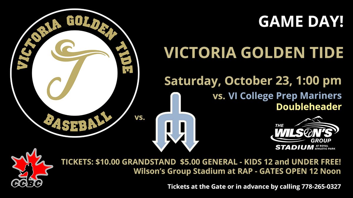 VicCatsYYJ's tweet photo. It's doubleheaders x 2 again this weekend as the @goldentideyyj welcome @CPMariners to town Saturday and then @ParksvilleR Sunday!  Tickets at the gate. Just $5.00 and $10.00. #humtide #YYJBaseball #YYJSports @bcmbaseball @bcpbl1 @CCBaseballConf https://t.co/pksORlu4ZP