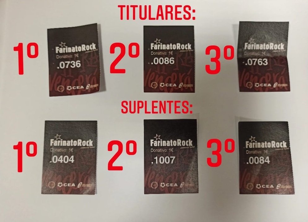 FarinatoRock's tweet photo. 🎫 GANADORES DEL SORTEO 🎫
Estos son los números premiados en el sorteo del #FarinatoRock. Gracias a todo el mundo por participar.
Contacta por MD 📨 https://t.co/M651X4FN9W