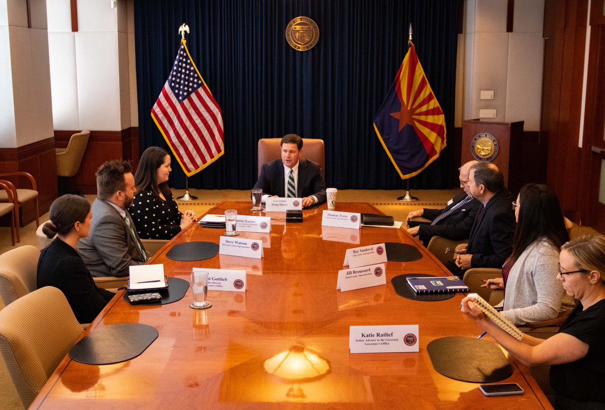 DougDucey's tweet photo. Statewide test scores in our K-12 schools have fallen drastically, and student enrollment still hasn’t recovered from the pandemic. Today, I met with county school superintendents to address these problems and ensure our kids have the opportunity to get the best education. https://t.co/dFwrnLGndK