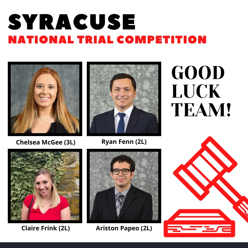 Another weekend, another competition. This past weekend four of our talented advocates competed in the Syracuse National Trial Competition, placing 5th and Chelsea McGee (3L) taking home best closing statement. Great job team!