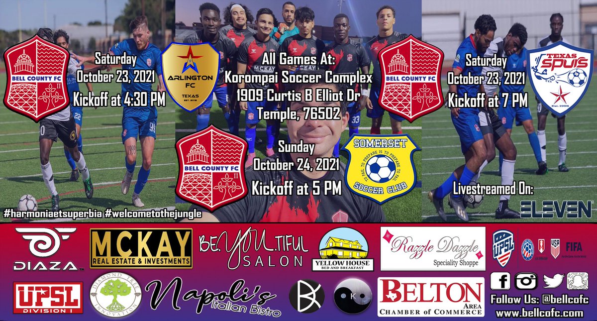 There’s A Rumble In The Jungle This Weekend! 3 HOME GAMES!

Bell County FC II will host <a href="/ArlingtonFc_/">Arlington FC</a> Texas Saturday, October 23rd. Kickoff at 4:30 PM.

Bell County FC will then follow with their HOME OPENER and will host <a href="/texasspursfc/">Texas Spurs FC</a> II. Kickoff at 7 PM.