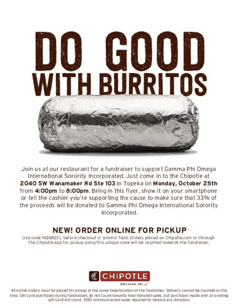 Please come support the women of Alpha Alpha Chapter at Chipotle! We’ll be having a fundraiser on Monday, October 25th from 4pm-8pm, we can’t wait to see you! 🦢