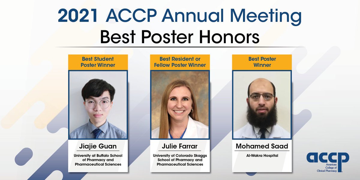 ACCP's tweet photo. ACCP is pleased to announce the winners of the Best Poster awards from the #ACCPAM21. You can view the winning posters, plus all others on display, through Oct. 24. Account required (free to create): https://t.co/v03sDqaFEK
@UBPharm @CUPharmacy https://t.co/q1GEr8F3Kt
