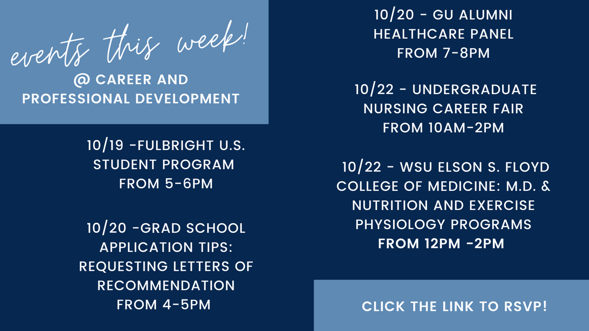 HERE IS WHAT IS HAPPENING THIS WEEK! RSVP ON ZAGSIGNITE HERE: gonzaga-csm.symplicity.com/students/app/e…