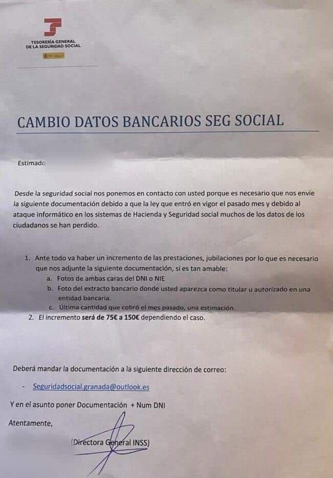 #MUYIMPORTANTE 🔴🔴¿Has recibido una carta como esta?
⚠️es un #fraude. 
Están suplantando a la Seguridad Social para robar tus datos bancarios 
#NoPiques

#IMPORTANTE...transmitelo a tus #mayores.