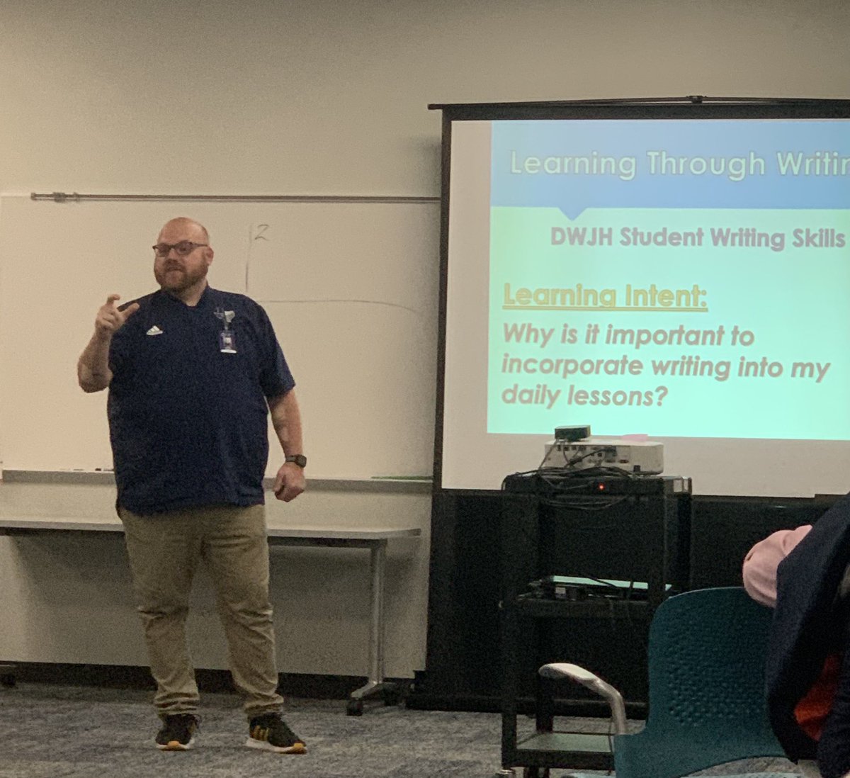 dptxgted's tweet photo. Mr. Kouba rocking the new WICOR Academy at Deepwater Junior High! After school meeting and teachers are engaged and enthusiastic. #thisisAVID #dpisd https://t.co/nDyv2YQyd0
