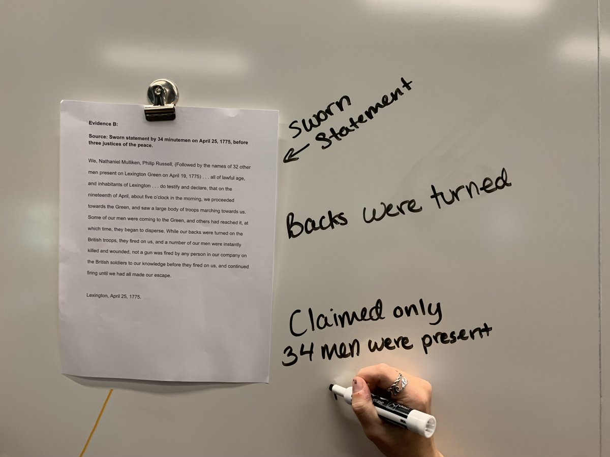 SocStudiesCBRSD's tweet photo. Using #Wahconah's collaborative spaces to examine the Battle of Lexington like a crime scene.  Who shot first - the British or the colonists? @SHEG_Stanford https://t.co/exzqRiko5B