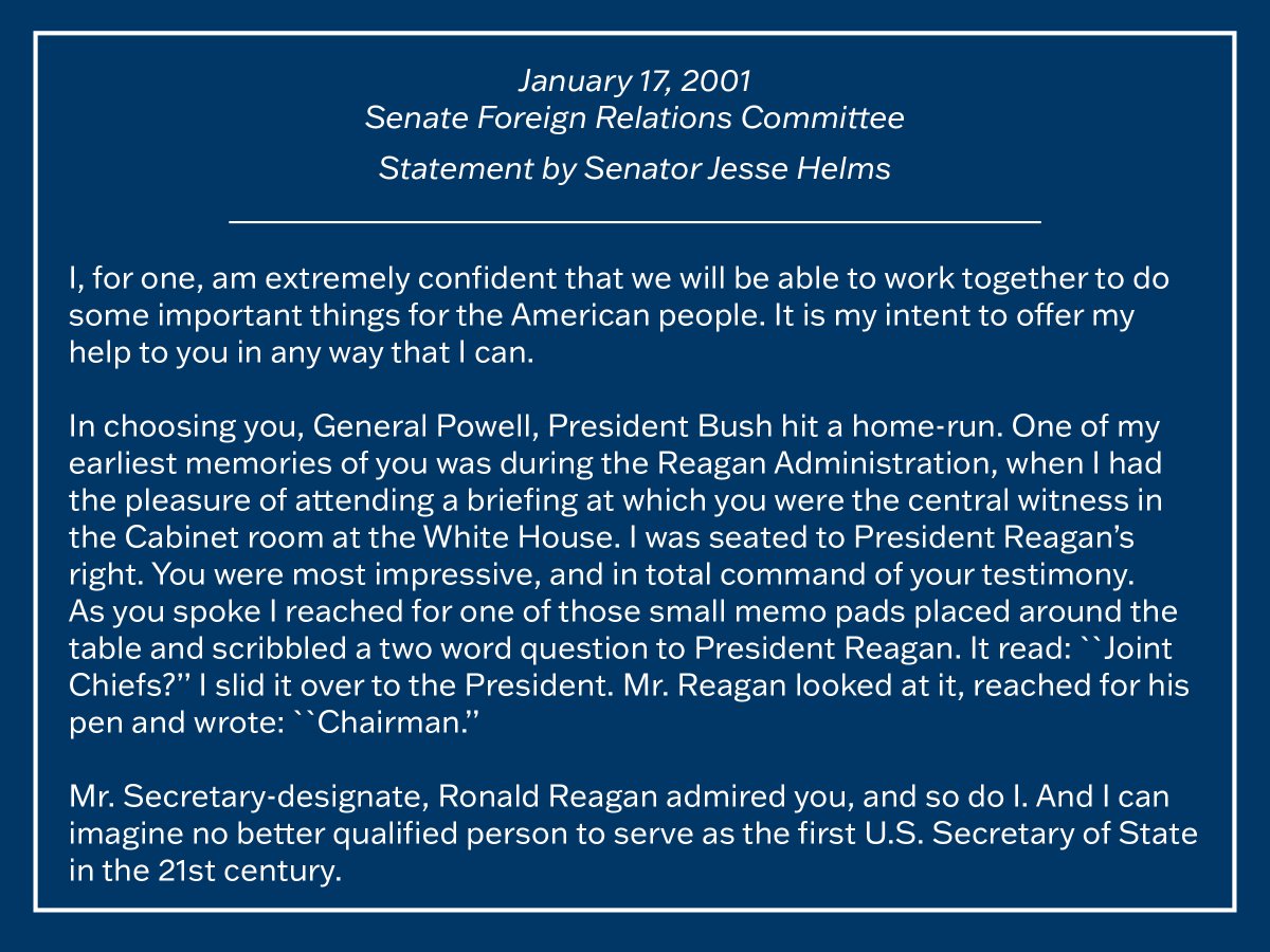HelmsCenter's tweet photo. Senator Helms had nothing but praise for Colin Powell when he was nominated as Secretary of State. Sad to hear of his passing and prayers for his family during this time. https://t.co/5PwM9EG4eu