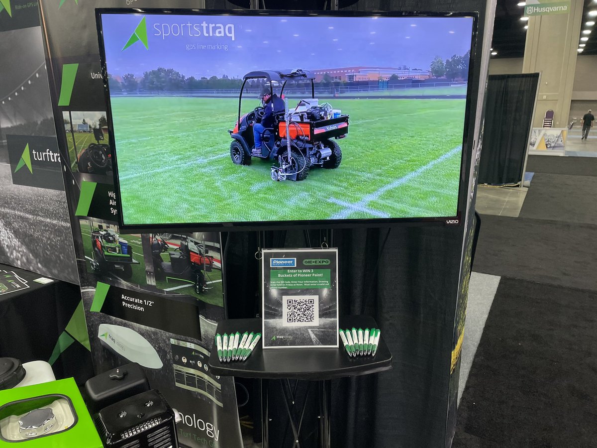 TraqnologyGPS's tweet image. @TraqnologyGPS is @GIE_EXPO this week.  Stop by our indoor &amp;amp; outdoor demo space.  Register to win @pioneerathletic paint!  #gpstech #sportsturf #greenindustry