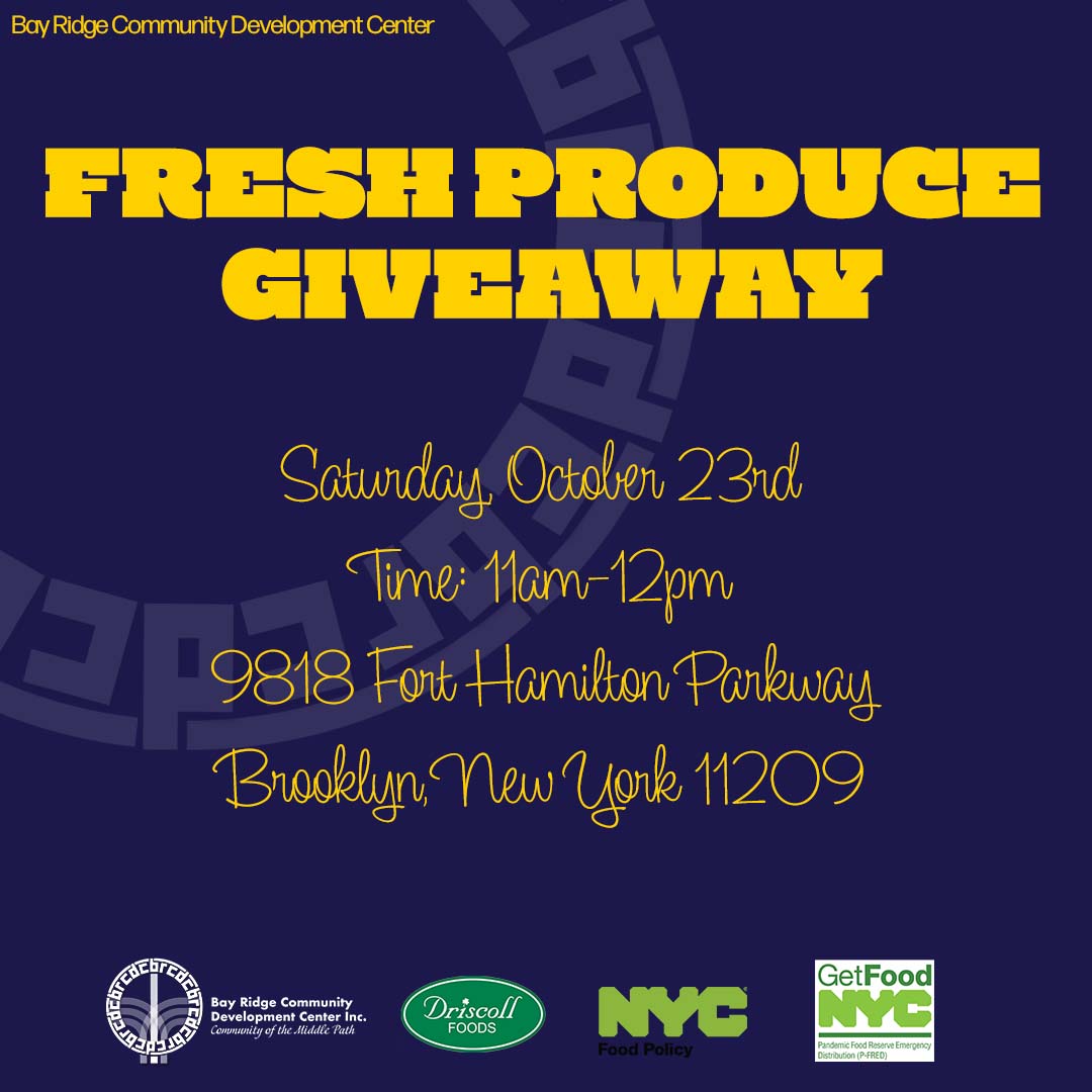 bay_development's tweet photo. BRCDC's Fresh Produce Giveaway continues this Saturday at 11am-12pm. We'll be waiting for you!
#bayridge #bayridgebrooklyn #community #communitycenter #bayridgecommunitydevelopmentcenter #brcdc https://t.co/MM1YmC3PBK