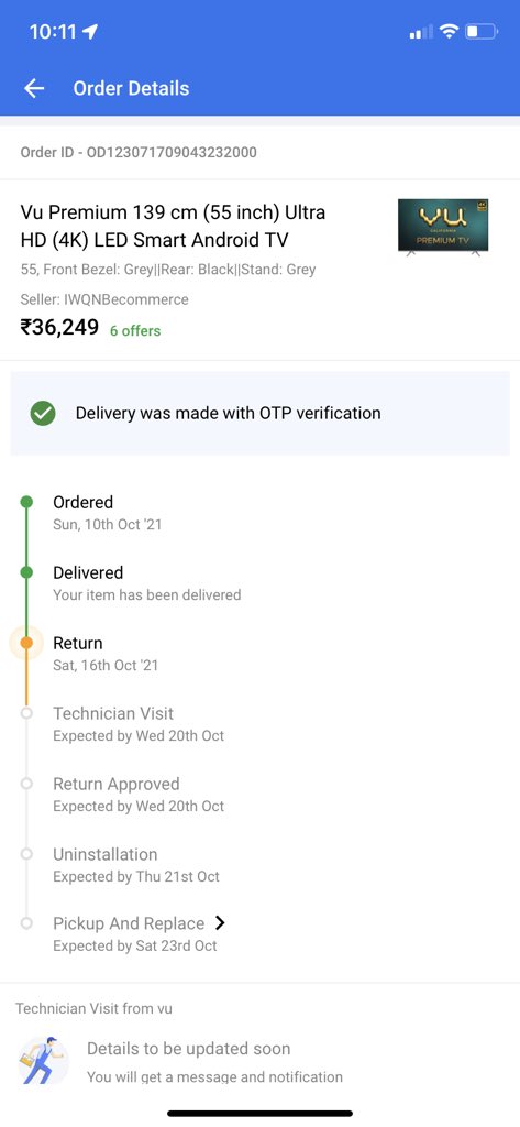 arpitkot's tweet photo. Very isappointed with my recent TV order placed through @Flipkart. The TV is defective and technician sent. through Flipkart confirmed the same on 18.10.21. However Flipkart App still shows pending for technician visit. They unnecessarily are delaying process. I demand a refund https://t.co/NDH6iMloWH