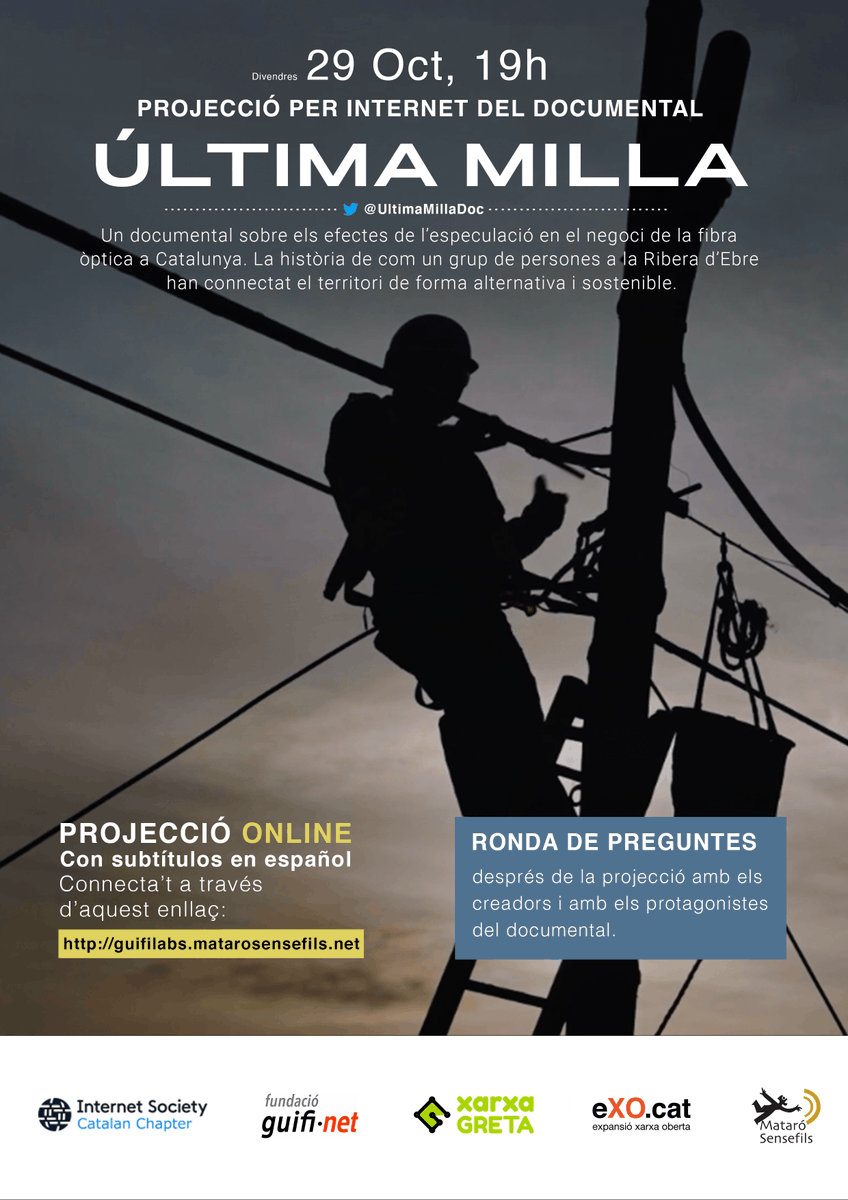 UltimaMillaDoc's tweet photo. Internet: Un dret o un privilegi?
Divendres 29 Oct. 19h projecció ONLINE del documental Última Milla, sobre:

👉Els efectes del negoci especulatiu amb la fibra òptica a Catalunya.
✅Solucions reals i sostenibles.

Connecta't a través d'aquest enllaç:
https://t.co/xyZ8ySIf0N https://t.co/eOSZrqdS7n