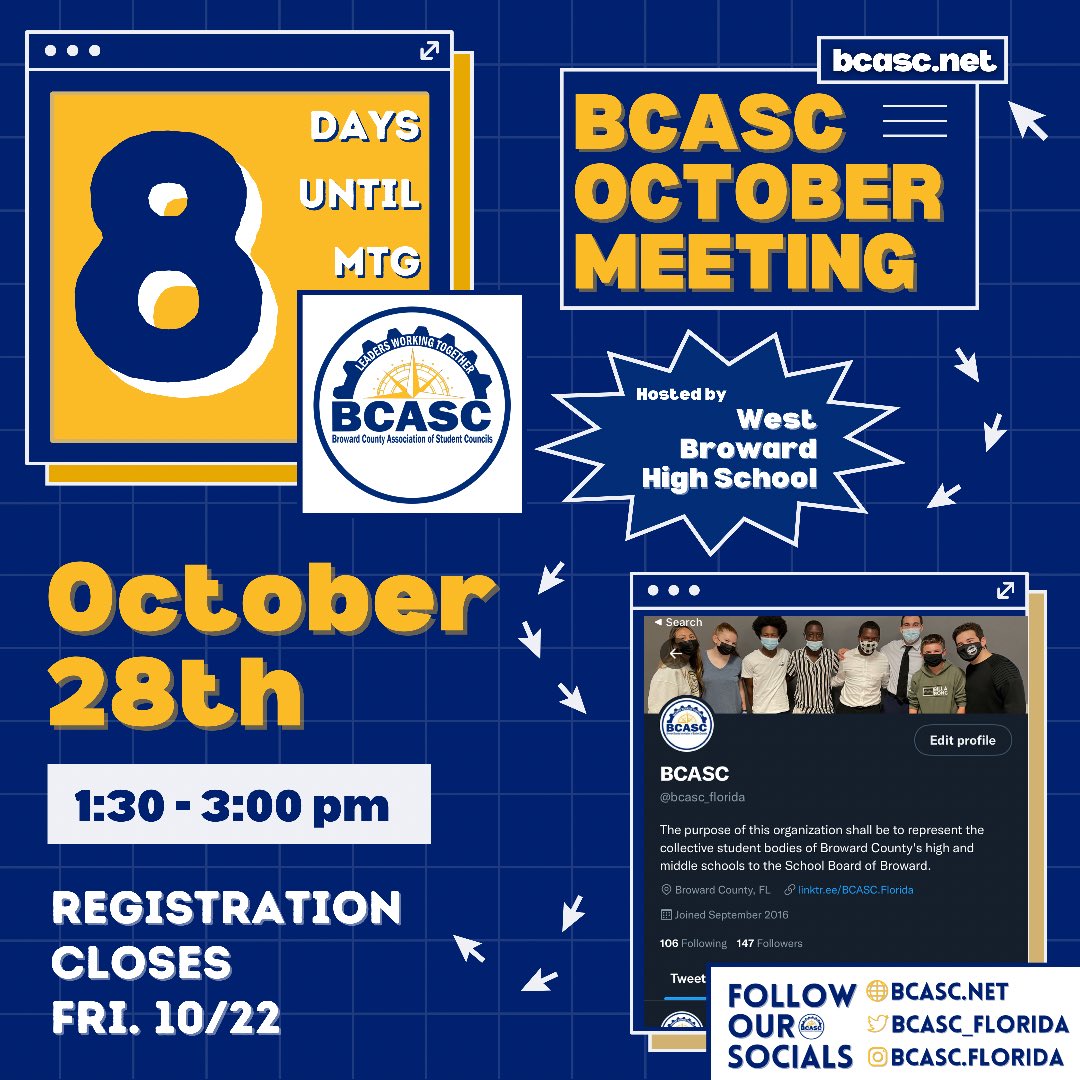 Hello Broward County!! 💛💙

We’re 8 days away from our next BCASC general meeting. Make sure to sign up! Hope to see you there 🤩🤩

#BCASC #Meeting #studentleaders #studentgovernment #broward #october