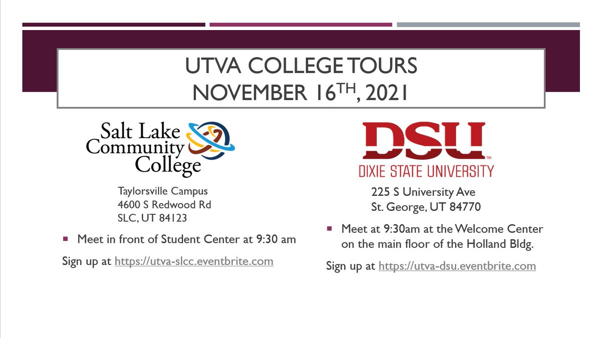 utvatransition's tweet photo. November Activity- College Tours November 16th. SLCC in Salt Lake and Dixie State in St George. https://t.co/PksqLZuuM2