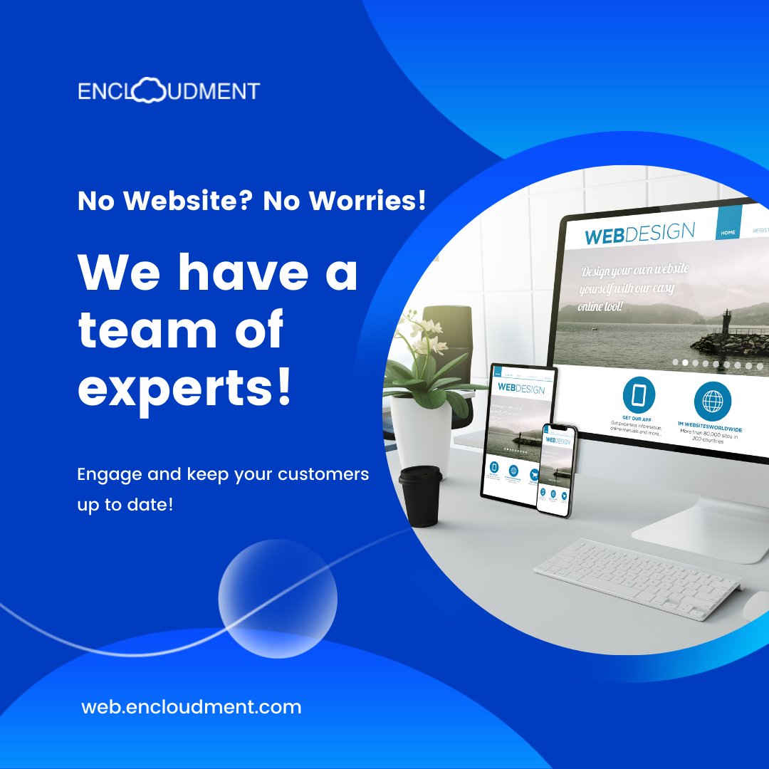 Encloudment_Inc's tweet photo. No website? No worries!
Engage and keep your customers up to date!
Our team of experts will take care of the rest! 
Start your website today!
https://t.co/Ss0A29kAhJ
#webdesign #webdeveloment #webdev #Encloudment https://t.co/zoazGxVE0X