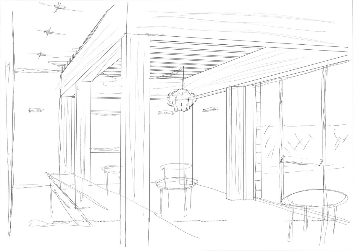 Addition to a cafe within a public sports centre.
Now under construction.
Some sketches, with the promise to post some photos from the construction site, tomorrow.
