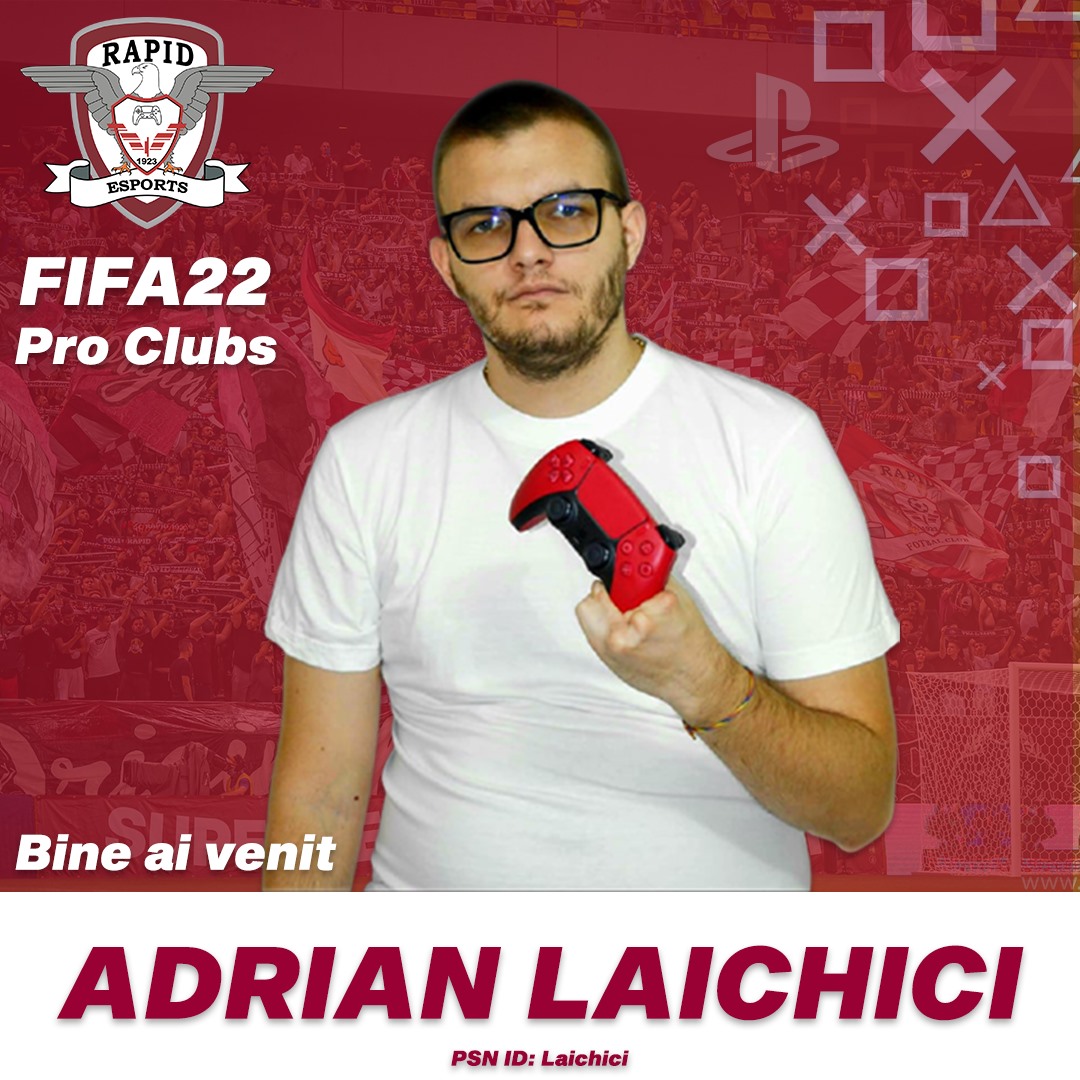 eSportsFCRapid's tweet photo. Continuăm seria prezentărilor pentru echipa de FIFA22 Pro Clubs pe PlayStation cu un nou atacant al echipei noastre, Laichici Adrian Nicolae !

➡️ Adrian locuiește în Timișoara, are 26 de ani și este om de comunicare într-o companie multinațională.

#FIFA22 #FIFAProClubs #FCRapid https://t.co/KWIYMN5pIp
