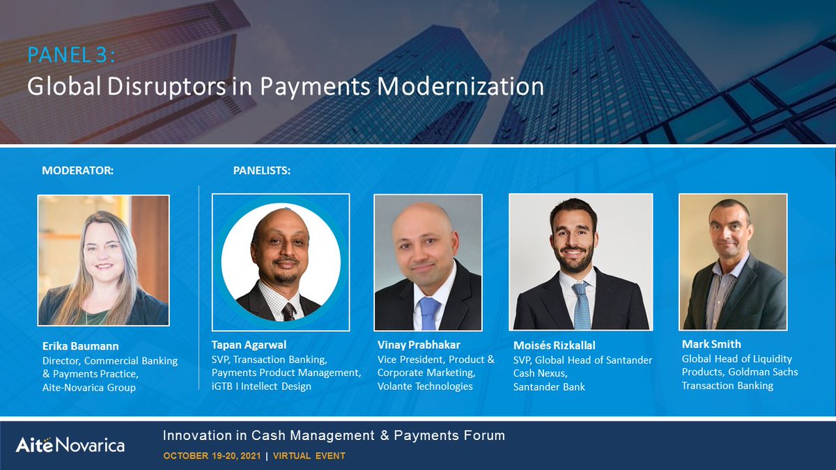 We're on a short networking break at #ICMP_Forum and will be back at 1pm ET with our next session: Global Disruptors in Payments Modernization moderated by Aite-Novarica's <a href="/efebaumann/">Erika Baumann</a>. Join us at bit.ly/3h1pfka 
#globaldisruptors #payments #paymentsmodernization