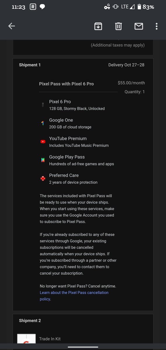 solancelot's tweet photo. @JoelDotSoftware @madebygoogle The email I got said pixel pass. If you want to confirm I would log into your Google account on the Google store and check your subscriptions. It should show up there. If not I would contact them. https://t.co/3ZLz6Rv4kB